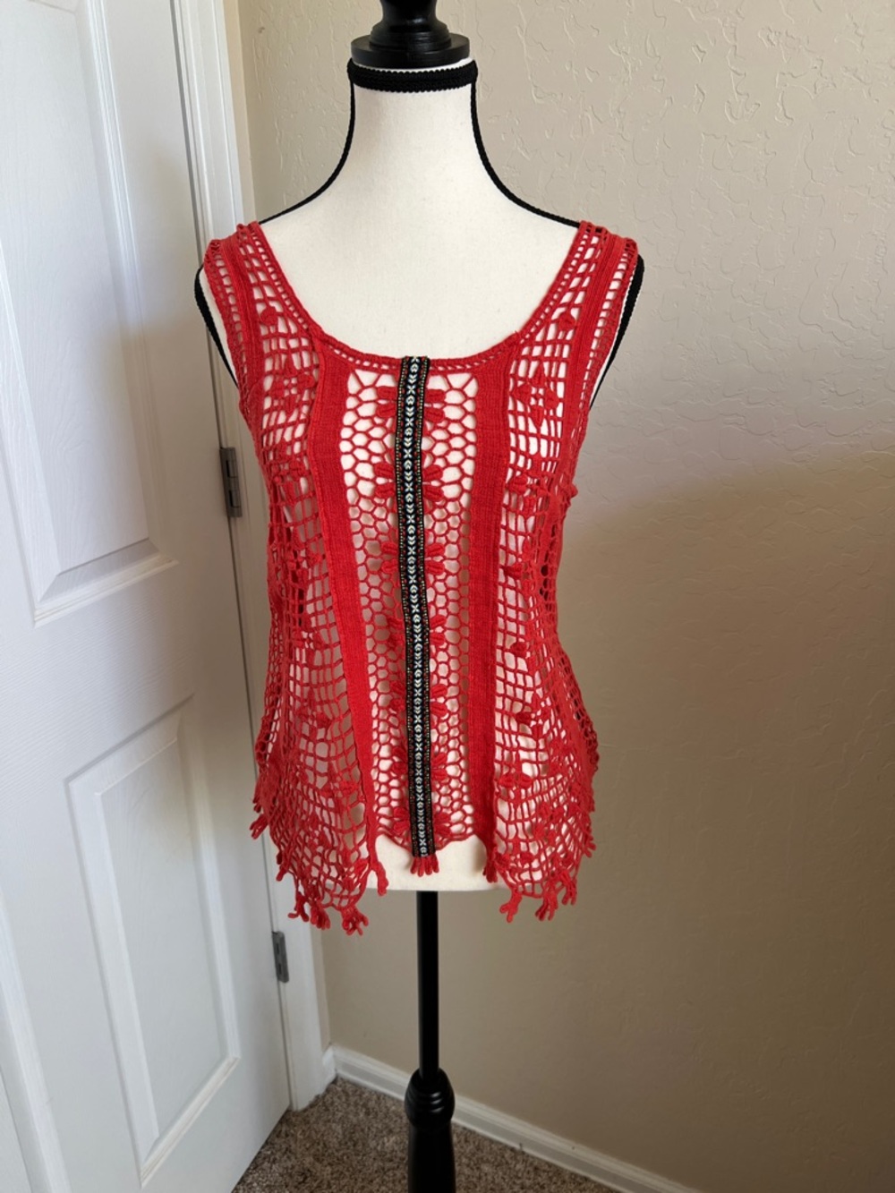 Daytrip Red Crochet Tank with Beaded Center Trim